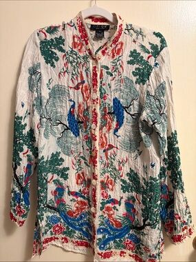 Citron White Blouse with Green & Blue Botanical Print